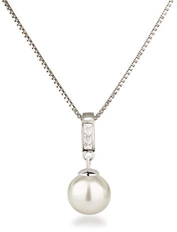 Schöner-SD Silberkette mit Anhänger Perle 10mm und Zirkonia 925 Silber rhodiniert weiß