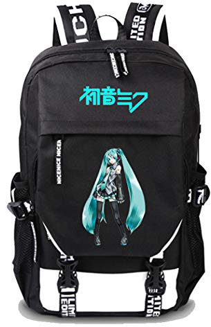WANHONGYUE Hatsune Miku Anime Cosplay Rucksack Schultasche Laptop Backpack mit USB-Ladeanschluss Schwarz / 14