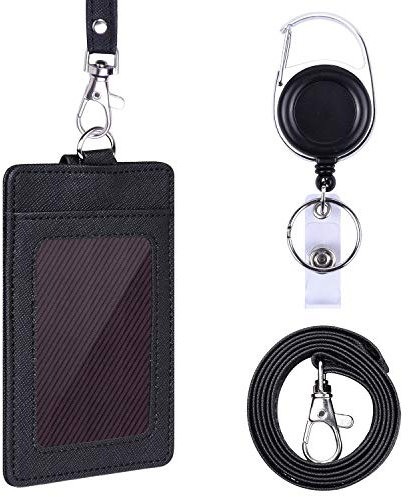 Wisdompro Ausweishalter Ausziehbar Leder, Ausweishülle mit Band mit 1 Ausweisfenster 2 Kartenfach, Kartenhalter Ausweis für Krankenschwester, Mitarbeiter, Schüler (Schwarz)