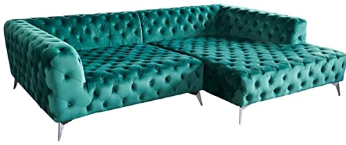 KAWOLA Big Sofa Chesterfield Samt Velvet NARLA Ecksofa Big Sofa 3 Sitzer Recamiere rechts Metallfüße Nosagfedern (BxHxT) 279x71x190 Grün