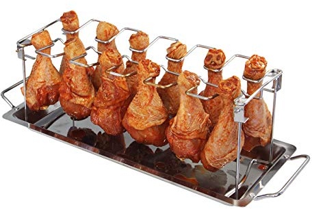 Chicken Wing Leg Rack BBQ Chicken Drumsticks Rack Stainless Steel Hang Up to 12 Chicken Legs or Wings, Metal Roaster Stand with Drip Tray for Kamado Joe Big Size Green Egg, Smoker Grill or Oven