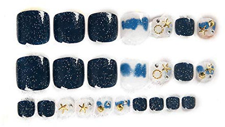 Lot de 24 faux ongles d'orteil carrés courts et courts Bleu foncé/blanc ciel étoilé