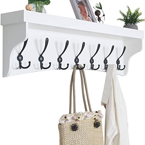 WEBI Coat Rack Wall Mount with Shelf,89cm Long White Shelf with Hooks Underneath,Key Rack for Wall,7 Triple Hooks for Hanging Coats,Bathroom,Entryway