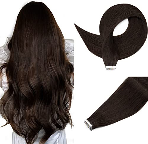 Tape in Extensions Echthaar 55cm Remy Echthaar Extensions Tape In Haarverlängerung glatt 50g - 20 stück #2 dunkelbraun