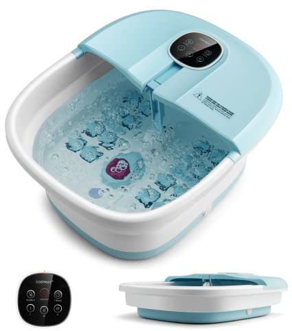 COSTWAY Pediluvio Massaggiatore Piedi Elettrico, Idromassaggiatore Plantare Pieghevole con Riscaldamento e Telecomando, 3 Temperature Regolabili (blu)