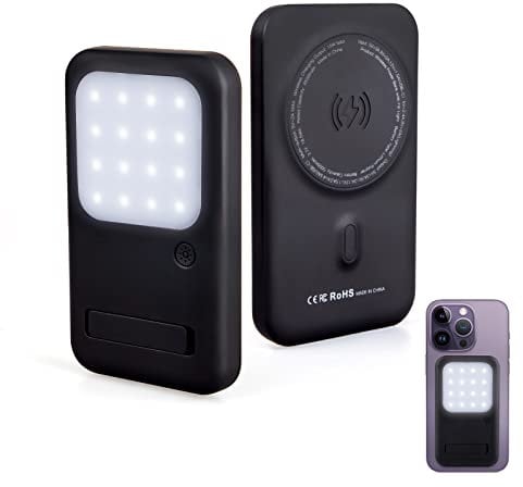 Wireless Power Bank, Moman MC1 Portable Magnetic Charger 5000mAh 15W With 5600K Fill Light for iPhone 14/13/12 Series, Small Battery Fast Charging with Lightning&USB-C Outputs for Smartphone Android