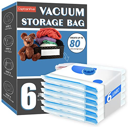 Vakuumbeutel für Kleidung Bettdecken 6 Stück, CaptainFive Vakuumierbeutel 6 * JUMBO (100 x 80cm) Vakuum Kleiderbeutel Aufbewahrungsbeutel Reise für Bettwäsche Kissen Kleidung Bettdecken