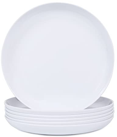 Webbylee Melamine Pasta Plates - 6pcs 8inch Dinnerware Dishes Set for Indoor and Outdoor Use, Break-resistant, White