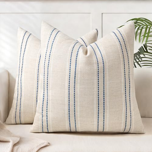 AELS Dekorativer Bauernhaus-Leinen-Überwurf-Kissenbezug, Boho-Struktur-Kissenbezug, 45,7 x 45,7 cm, Beige mit weißen und marineblauen Nähten, garngefärbten Streifen, Kissenbezug für Sofa, Couch,