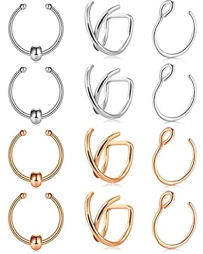 BCughia Septum Piercing Nase, Tragus Piercing 12 Stück 1.2mm Stabstärke Silber Roségold Edelstahl X Cross Reifen Piercing Geburtstag Geschenk für Damen