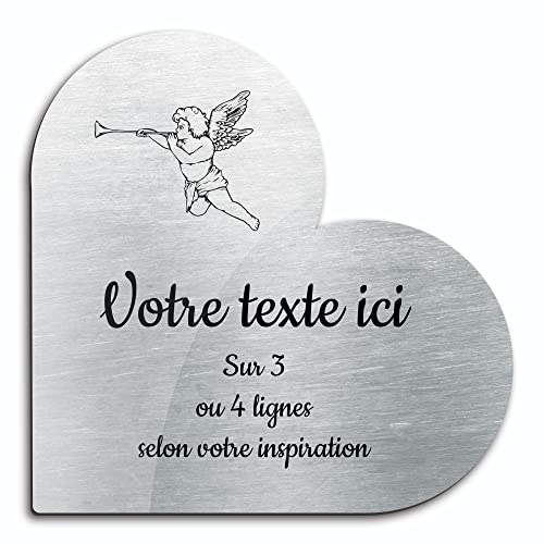 Placa grabada funeraria con diseño de Angelot y trompeta autoadhesiva, modelo corazón (15 x 15 cm) personalizada de 1 a 3 líneas de aluminio cepillado