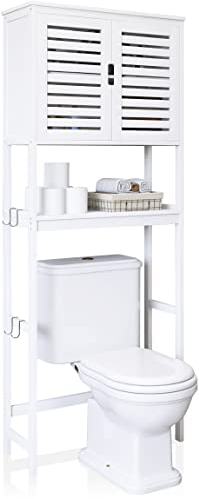 SMIBUY Bad Lagerung Regal mit Schrank, Bambus über die Toilette Veranstalter Rack, freistehende Toilette Platzsparer mit 3-Tier-verstellbare Regale (weiß)