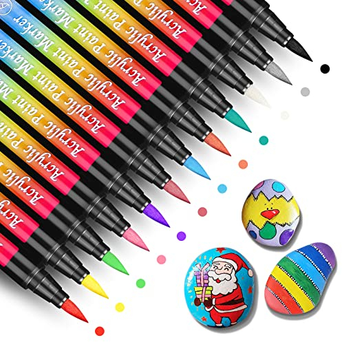 Hengxinc Paint Pens, 12 Colors Permanent Marker Pens, Quick-Dry Acrylic Paint Pens, Water-Based Fabric Pens for Rock Pebbles Kids DIY Canvas Glass Wood Ceramic Easter Egg Graffiti