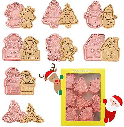 Dioxide 8PCS Emporte Moules Noël, Emporte Piece Biscuit 3D Réutilisables, Moules à Biscuits pour Enfants Biscuits, Décorations de Noël (Rose A)
