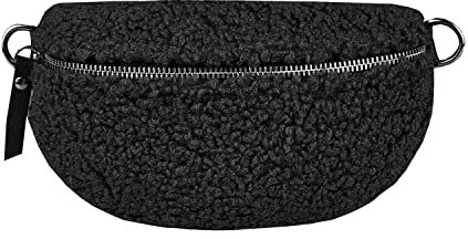 Made in Italy Damen Leder Gürteltasche Crossbody Teddyfell Bauchtasche Hüfttasche Kunstfell Umhängetasche Brusttasche Crossover Bodybag Schultertasche Handytasche Teddy Pelz Fell Plüsch Schwarz