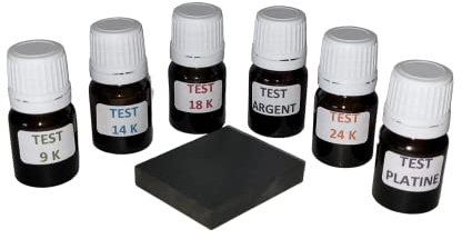 48 € porto offerto Kit 6 flaconi per spatola test gioielli tester per oro 9 K, 14 K, 18 K, 24 K, argento e platino pronto all'uso con pietra di tocco + istruzioni incluse