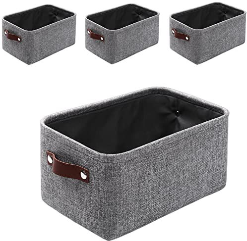 Mangata Faltbare Aufbewahrungskörbe mit Ledergriff,[4 Pack] Verdicktes Leinen Stoff Aufbewahrungsbox Korb für Spielzeug, Kleidung, Zuhause, Wäsche (Grau, Medium)
