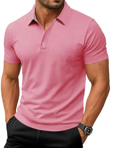 EKLENTSON Men's Golf Shirt Short Sleeve Moisture Wicking Quick Dry Casual Pique Tennis Polo Shirt,Pink,XXL