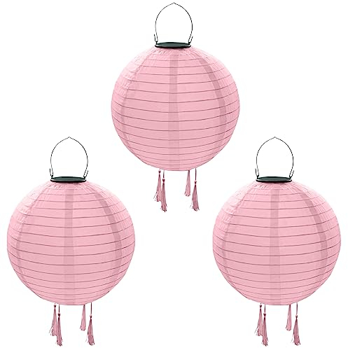 Solar Lampions Außen Wetterfest，Himmel 3 Stücke Solar LED Laterne Wasserdicht Nylon Hängende Gartenlaterne 30cm solarlampions für außen Garten, Hochzeit, Halloween Fest Deko(rosa)[Energieklasse A++]