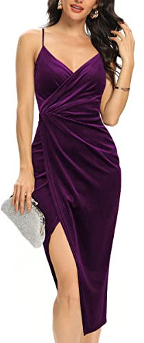 Missufe Abito da donna, abito da cocktail, abito in velluto con fessura, sexy, a maniche lunghe, da sera, con glitter, scollo a V, viola scuro, XS