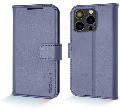 TECHGEAR Wallet Case for iPhone 15 Pro, Genuine Leather Magnetic Flip [RFID Blocking] Case with Shockproof TPU Holder, Card Slots, Stand Folio Cover Compatible with iPhone 15 Pro 6.1 2023, Blue