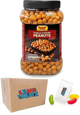 Premium Chilli Coated Peanuts Tub - 1.1kg - Mild Flavour With Irresistible Crunchiness - Ideal For Snacking, Parties, And Gatherings - Spicy Delight For Every Occasion Boxed Treatz