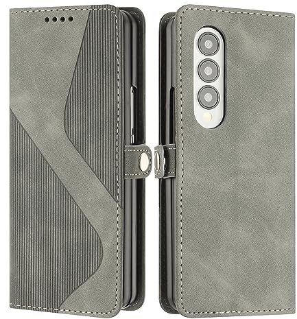 Mo-Somnus Funda para Samsung Galaxy Z Fold 3, Funda Carcasa de Cuero para Samsung Z Fold 3, Premium Cuero Billetera Flip Protectora Carcasa Magnético con Cáscara de TPU, Ranura para Tarjeta (Gris)