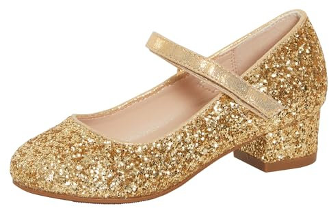 Girls Faux Leather Low Block Heel Gold Glitter 1 UK