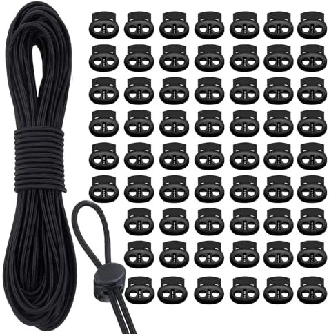 60 Pieces Plastic Toggles for Drawstrings and 10 m Black Elastic Cord 3mm, Dual-Holes Cord Locks Spring Toggle Loaded Fastener Slider for Shoelaces Clothing Backpack Paracord