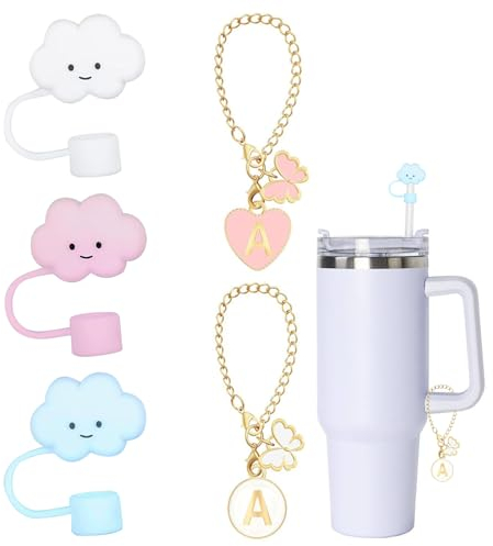 TYVOM 3 Pcs Straw Cover and 2 Pcs Letter Charms Accessories 10mm Cloud Silicone Straw Topper Reusable Straw Tips Cover for 10mm Stanley Straws 30 40 oz Tumbler Cup, BPA Free(3pcs Cloud+2pcs Letter A)