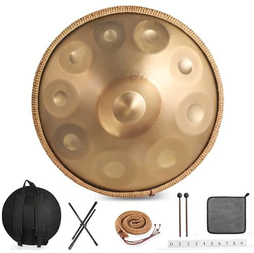 Zanefoo Handpan, Oro Acero Tambor de Lengua en Re Menor 22 pulgadas 10 Notas 440 Hz Handpan Drum para Yoga, Meditación con Baquetas de Bolso, Soporte de Tambor, Trapo