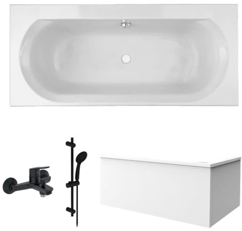 Pack baignoire droite 180 x 80 JACOB DELAFON Elise + tablier angle + pommeau et mitigeur bain noir mat Aimé + vidage