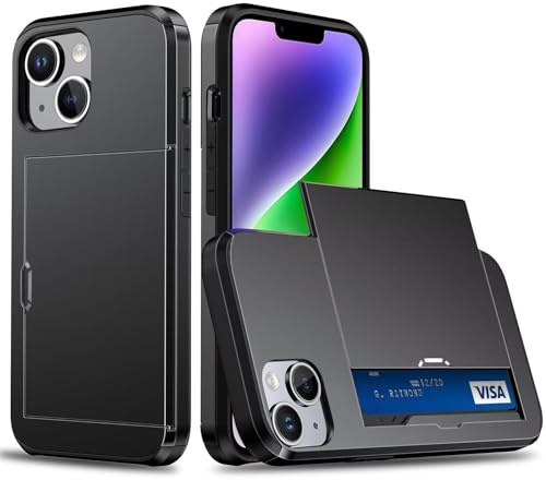 Beajew Coque Portefeuille pour iPhone 14/iPhone 13 avec Porte-Cartes, Étui de Protection Téléphone Double Couche Antichoc, Fente Cachée Coulissante, Antichoc TPU+PC Housse Portefeuille -Noir
