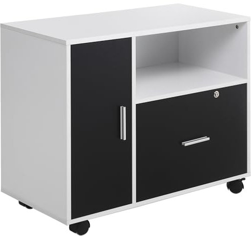 HOMCOM Filing Cabinet with Lockable Drawer, Mobile File Cabinet with 4 Wheels and Shelf, Printer Stand for Hanging A4 and Letter Sized Files, Home Office, Black and White