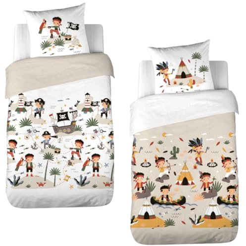 CÔTE DECO Bettwäsche, bedruckt, Bi-Historie, 140 x 200 cm, für Kinder, Bettbezug 140 x 200 cm + 1 Kissenbezug 63 x 63 cm, Motiv Indianer und Pirat, Beige und Weiß – Bettbezug aus Baumwolle