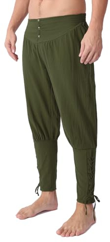 Men's Medieval Renaissance Pirate Pants Viking Ren Faire Costume, Army Green-button, XL