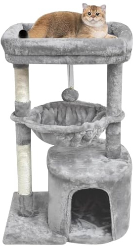 SYANDLVY Kleiner Katzenbaum für Indoor-Katzen, Moderne Katzenmöbel mit Korb | Aktivität Katzenturm mit Kratzenposten für Kätzchen, Hängeball für Spielruhe (Hellgrau)