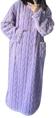 YOSUWOAI Pyjama en polaire pour femme - Vêtement de maison confortable - Moelleux - Longue chemise de nuit - Robe chaude et douce - Pyjama en peluche - Couleur unie - Avec poches, lilas, XL