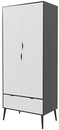 URBNLIVING 180cm Tall Freestanding Black Wardrobe with White 2 Door 2 Drawer Modern Shelf Clothes Storage Scandi Legs Cupboards Hanging Rail Unit for Bedroom