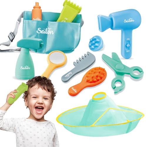 deAO Set Parrucchiera Bambina, Morbido Estilismo e Parrucchiere Gioco di Barbiere di Moda Set con Asciugacapelli, Mantellina da Parrucchiere , Kit di Giocattoli Finti Montessori per Bambini (Blu)