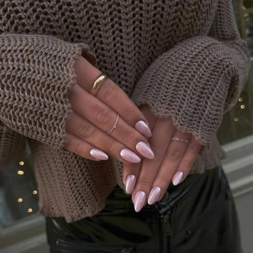 Chrome Light Pink False Nails Almond, SXVME Chrome Press On Nails Short, Glazed Gel Fake Nails Press on, Glazed Finish, Sparkle Glitter Acrylic Stick On Nail for Women Weddings
