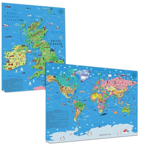 Kinder Weltkarte & UK & Irland Poster Set - Pädagogische Karten | Illustrierte Wandkarten mit Tieren und Sehenswürdigkeiten. Für Schlafzimmer, Klassenzimmer und Lernen zu Hause.