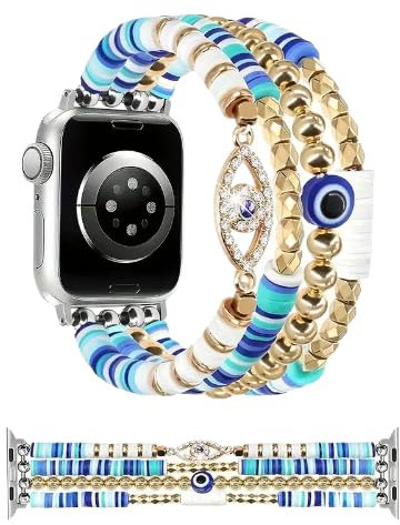 Bracelet Boho Chic Œil Bleu Fait Main – Compatible avec Apple Watch 42/44/45/49 mm – Perles de Cristal Élastique Sans Fermoir – Bijou Spirituel Femme, Élégant et Confortable