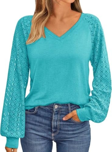 NAIOSS Women's Blouse Elegant Long Sleeve Shirt V-Neck Shirts Lace Sleeve Tops Autumn Tshirt Casual Tunica Tops