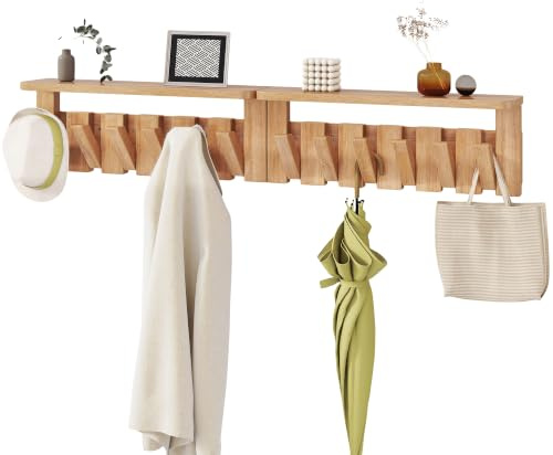 YMYNY Massivholz-Klavier-Wandgarderobe mit Ablage, Natur HWS008N-2 | Garderobenleiste Holz mit Ablage, 12 versenkbaren Haken - für Wandmontage. Garderobenhaken & Garderobe Wand für Flur & Diele