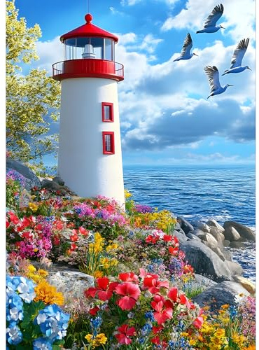 QQYRHN 5D Leuchtturm Diamond Painting Kit für Erwachsene Anfänger Wildblumen Diamant Kunst Kits Vollständiges DIY Möwen Diamantstickerei-Set Perfekt zur Entspannung und Dekor 30x40 cm