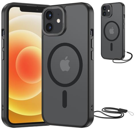 NEW'C Magnetic Case for iPhone 12, 12 Pro (6.1 inches), Compatible with MagSafe Ultimate Shockproof - Powerful Magnetic and Military Protection - Matte Translucent Case with lanyard - Black