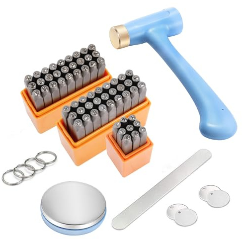 MINENICE Schlagzahlen und Schlagbuchstaben Set, Stamping Hammer mit 63PCS 3mm Kohlenstoffstahl Alphabet A-Z & a-z, Zahlen 0-9, 2 Symbolen, Metall, Schlagstempel für Metall Kunststoff Leder