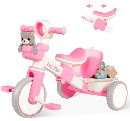 LOL-FUN Laufräder für Kinder ab 1 Jahr, Lauflernrad mit Korb, Rosa | Kinder Dreirad mit Abnehmbaren Pedale, Laufrad für 1 Jahr Jungen Mädchen, verstellbar