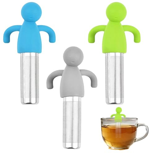 3 Stück Silikon Teesieb, Lustiges Teesiebe Set für Tasse und Kanne, Teesieb für losen Tee, Wiederverwendbarer Tee-Infuser in Grau Grün und Blau Kreatives Teesiebe Zubehör für Alltag und Tee-Genuss